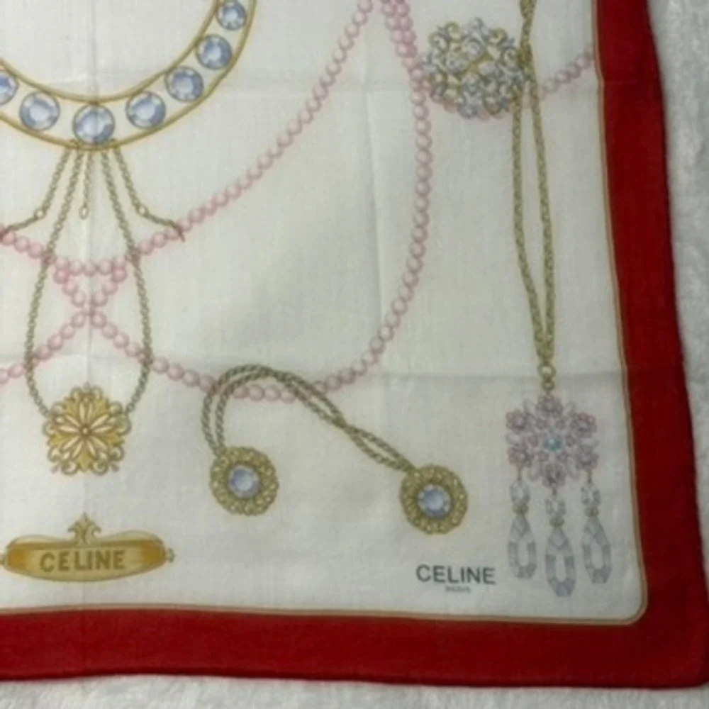 Vtg CELINE Scarf Handkerchief Jewelry Pearl Motif Red White 18